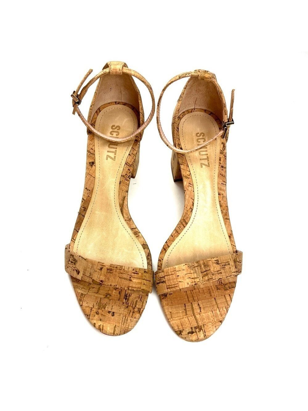 New Schutz Chimes Ankle Strap Block Heel Cork Sandals size 8.5 - Picture 3 of 8
